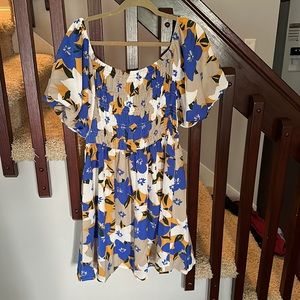 blue and yellow dress with puff sleeve